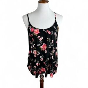 Lascana Black Floral Print‎ Strappy Back Womens Tank Top 100% Viscose